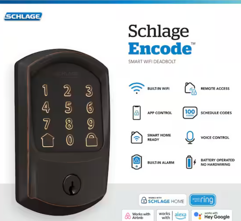 Schlage Greenwich Aged Bronze Electronic Encode Smart WiFi Deadbolt with Alarm